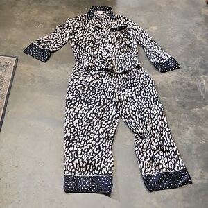 Victoria's Secret Black Tan Silky Polyester Pajamas Animal Print & Polka Dot L